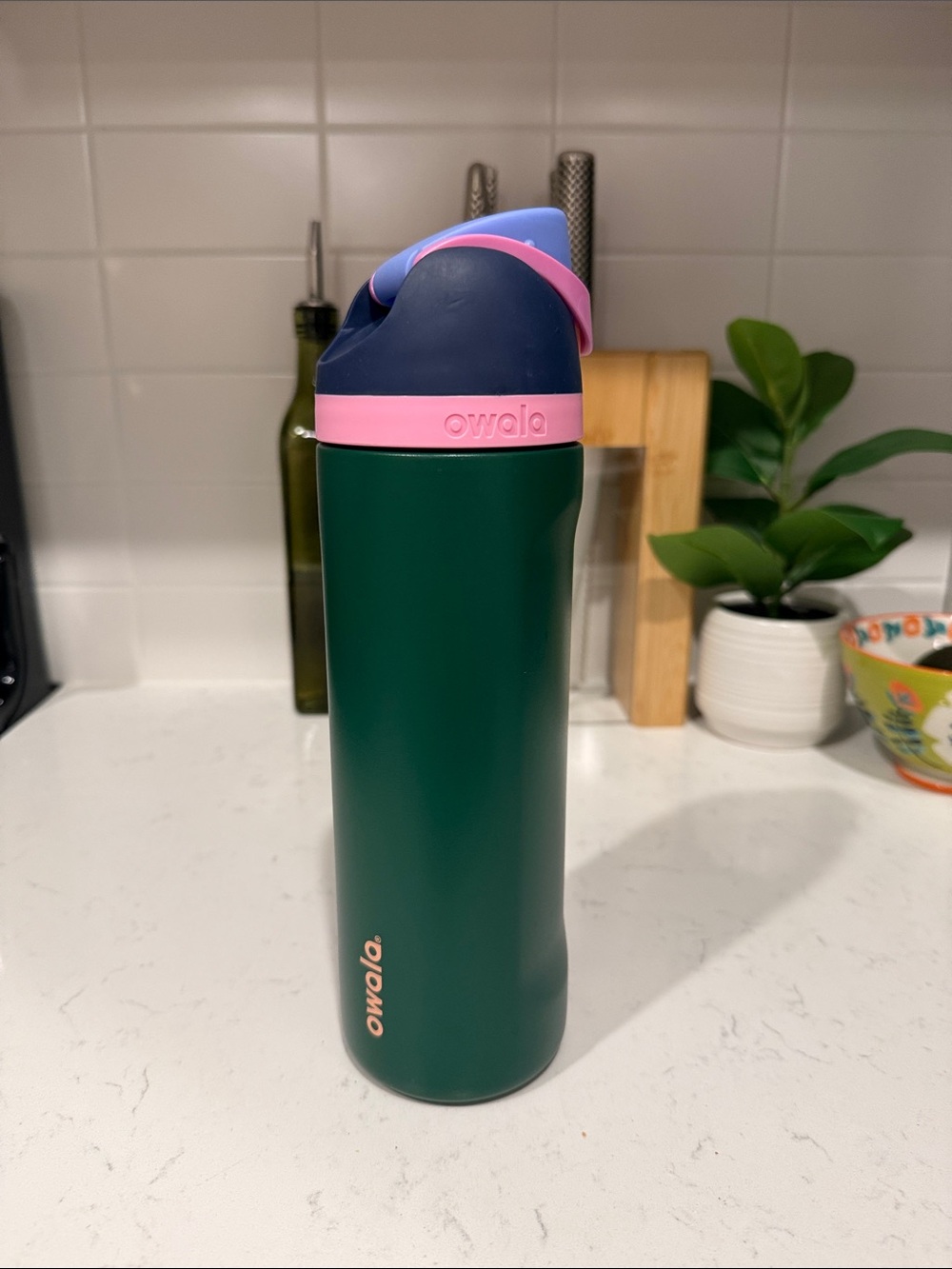Owala Green Stainless Water Bottle with Pink & Navy Lid 24 oz